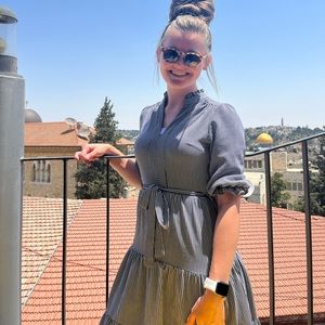 blue and white striped dress